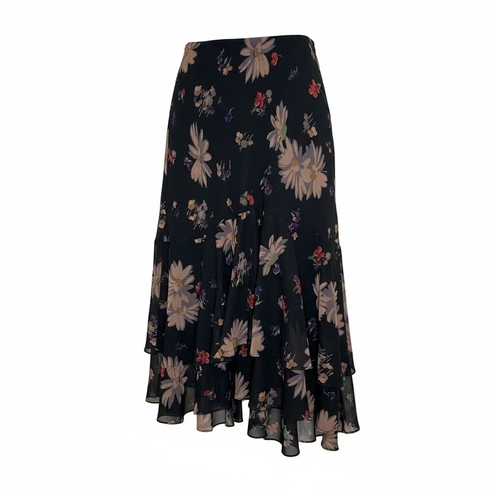 American Living Skirt Women L Black Floral Tiered Ruffle Chiffon Midi Skirt